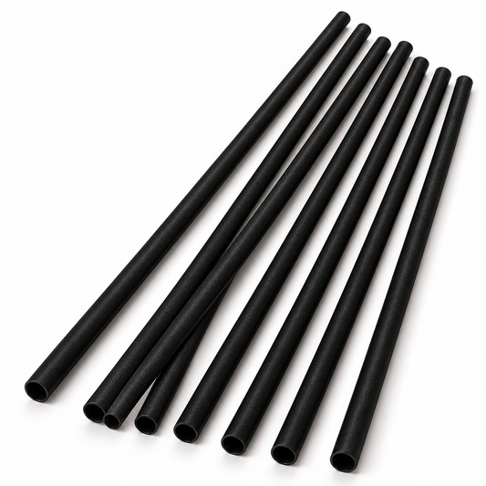 Long 10.25-inch matte black agave drinking straws with subtle fiber texture on a white background