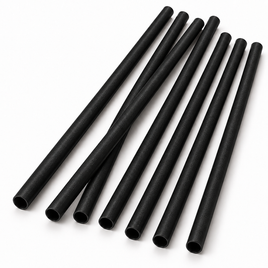 Matte black agave drinking straws with subtle fiber texture on a white background