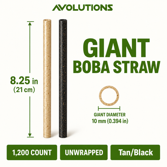 Giant 8.25 in - Agave - Boba Straw specification card: 8.25 inches, 10 mm diameter, 1,200 per case, unwrapped, Tan/Black