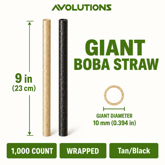 Giant 9 in - Agave - Wrapped Boba Straw specification card: 9 inches, 10 mm diameter, 1,000 per case, wrapped, Tan/Black