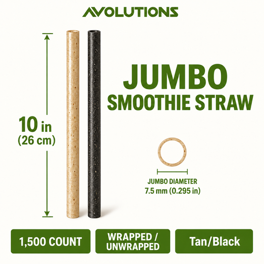 Jumbo 10 in - Agave - Smoothie Straw specification card: 10 inches, 7.5 mm diameter, 1,500 per case, wrapped / unwrapped, Tan/Black
