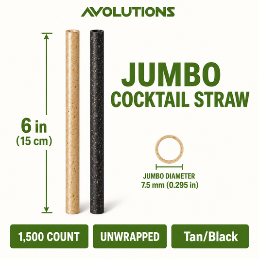 Jumbo 6 in - Agave - Cocktail Straw specification card: 6 inches, 7.5 mm diameter, 1,500 per case, unwrapped, Tan/Black