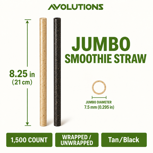 Jumbo 8.25 in - Agave - Smoothie Straw specification card: 8.25 inches, 7.5 mm diameter, 1,500 per case, wrapped / unwrapped, Tan/Black
