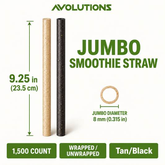 Jumbo 9.25 in - Agave - Smoothie Straw specification card: 9.25 inches, 8 mm diameter, 1,500 per case, wrapped / unwrapped, Tan/Black