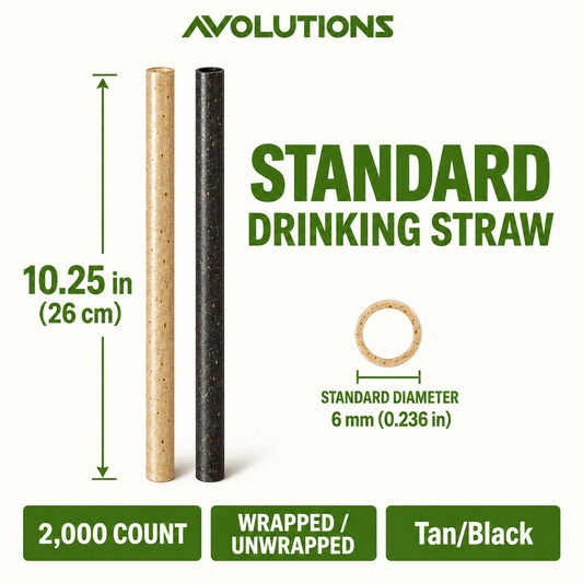 Standard 10.25 in - Agave - Drinking Straw specification card: 10.25 inches, 6 mm diameter, 2,000 per case, wrapped / unwrapped, Tan/Black