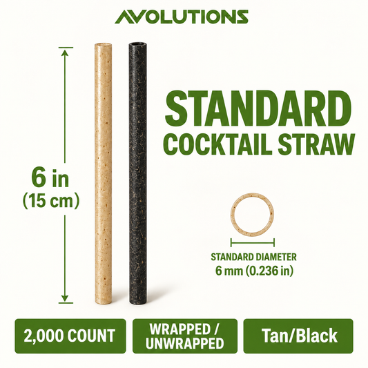 Standard 6 in - Agave - Cocktail Straw specification card: 6 inches, 6 mm diameter, 2,000 per case, wrapped / unwrapped, Tan/Black